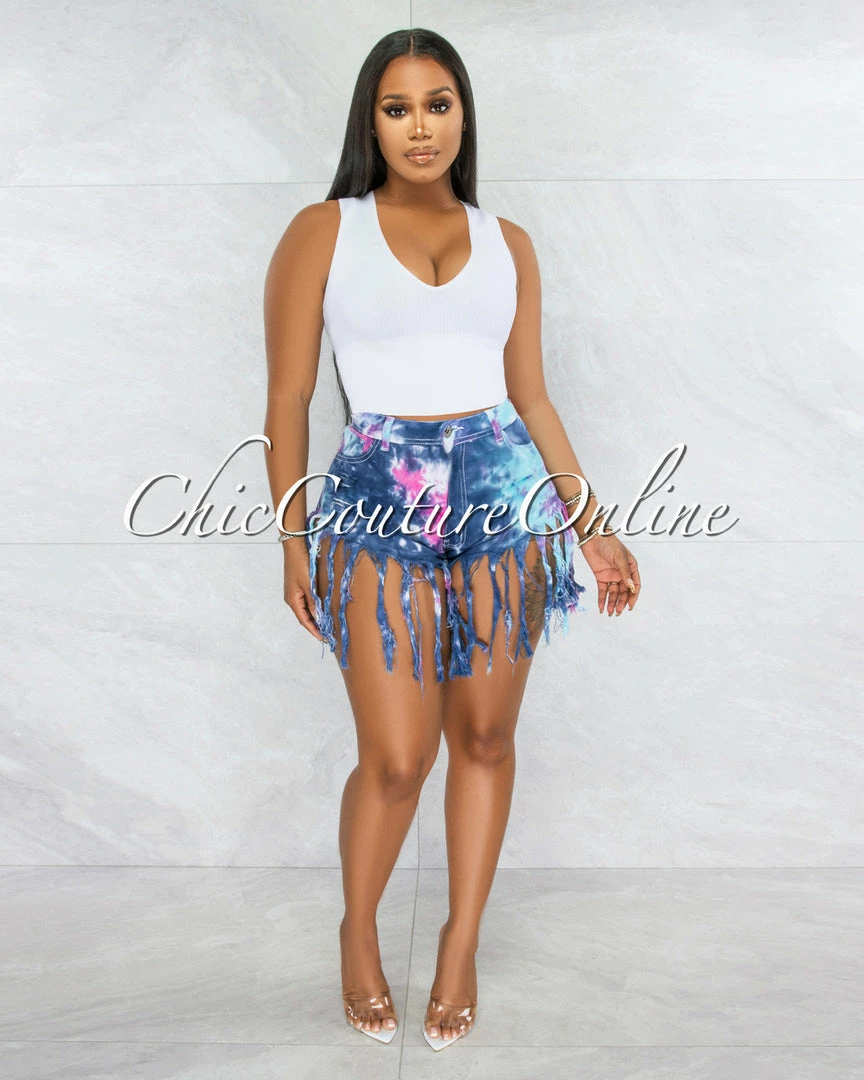 Vendor-unknown Dolly Blue Tie-Dye Distressed Fringe Denim Shorts