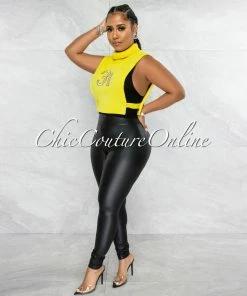 Vendor-unknown Parsons Yellow #31 Turtle Neck Open Sides Crop Top