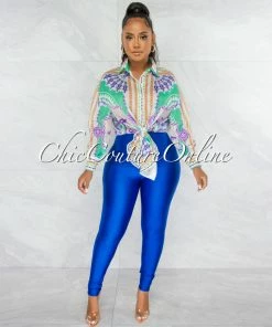 Chic Couture Online Zandrie Royal-Blue High Waist Front Zipper Shimmer Leggings JUST IN