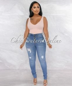 Vendor-unknown JUST IN Harriet Medium Blue High Waist Rose Gold Buttons Jeans