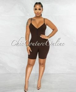 Vendor-unknown Jerram Brown Ribbed Front Zipper Romper JUST IN