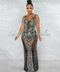 Vendor-unknown Mariatu Black Mesh Rhinestones Maxi Dress