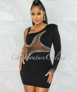 Chic Couture Online Ymara Black Silver Rhinestones Mesh Accent Mini Dress JUST IN