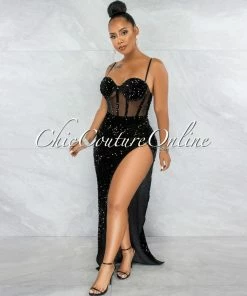 Vendor-unknown JUST IN Melisia Black Mesh Sequins Velvet Maxi Bodysuit DresS