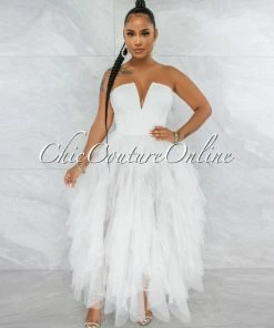 Vendor-unknown Odalys Off-White Strapless Tulle Ruffle Bodysuit Dress JUST IN
