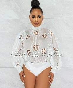 Vendor-unknown Sikina Off-White Sheer Embroidery Bodysuit JUST IN