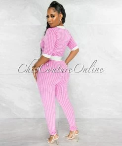Vendor-unknown JUST IN Madison Pink White Houndstooth Top & Leggings Knit Set