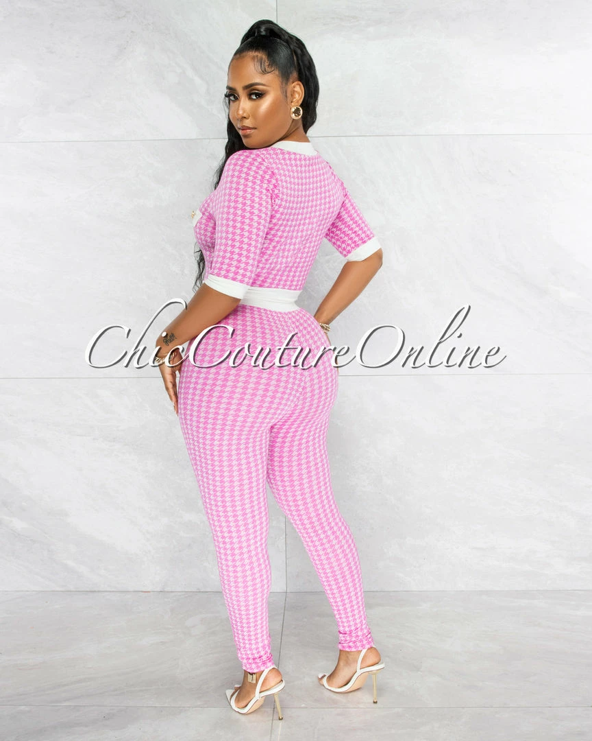Vendor-unknown JUST IN Madison Pink White Houndstooth Top & Leggings Knit Set