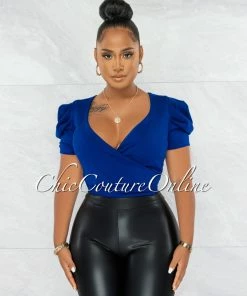 Chic Couture Online Sharlyn Royal Blue Waist Tie Puffy Sleeves Crop Top
