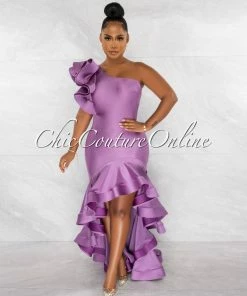 Chic Couture Online Madeline Mauve Ruffle Statement Hi-Lo Maxi Dress