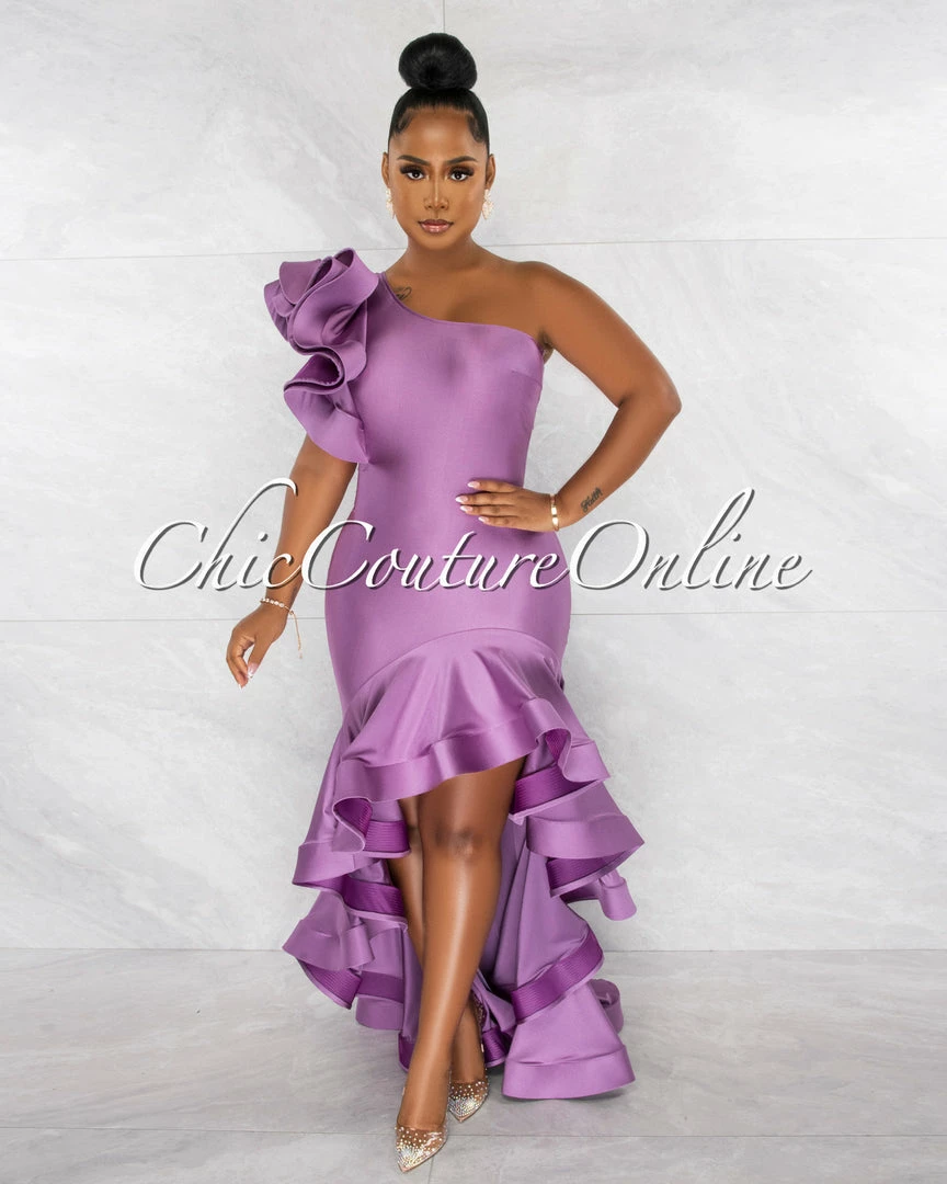 Chic Couture Online Madeline Mauve Ruffle Statement Hi-Lo Maxi Dress