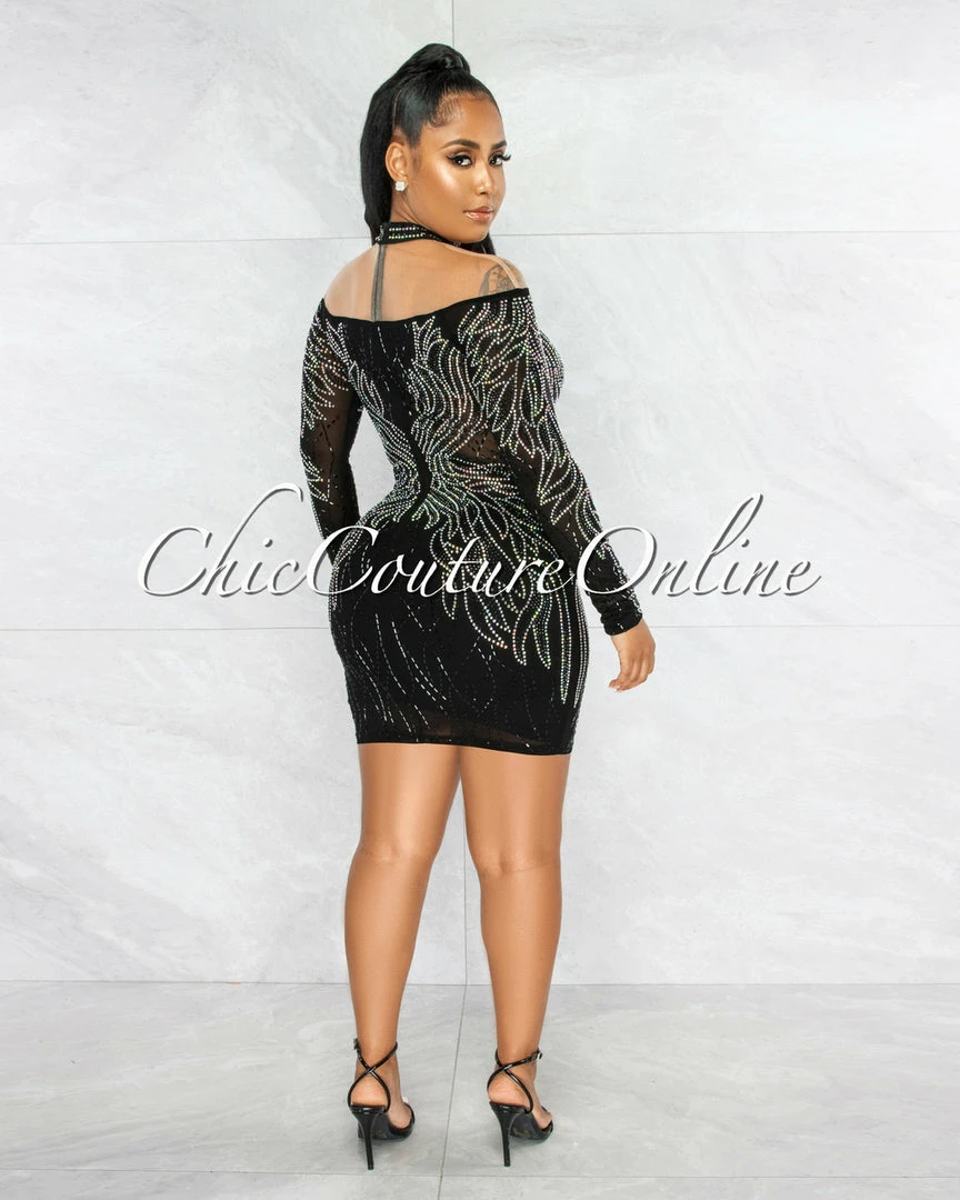 Vendor-unknown Dudley Black Iridescent Rhinestones Nude Mesh Sheer Dress