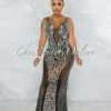 Vendor-unknown Mariatu Black Mesh Rhinestones Maxi Dress