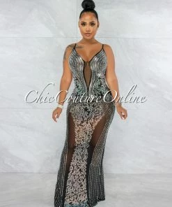Vendor-unknown Mariatu Black Mesh Rhinestones Maxi Dress