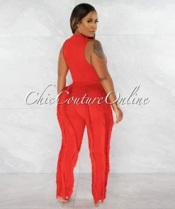 Chic Couture Online Janiel Red Bodysuit & Fringe Pants Set