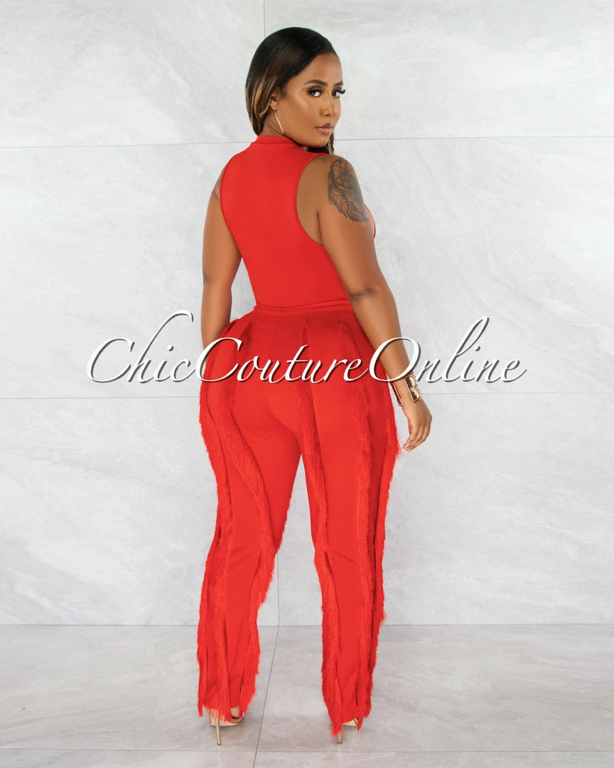 Chic Couture Online Janiel Red Bodysuit & Fringe Pants Set