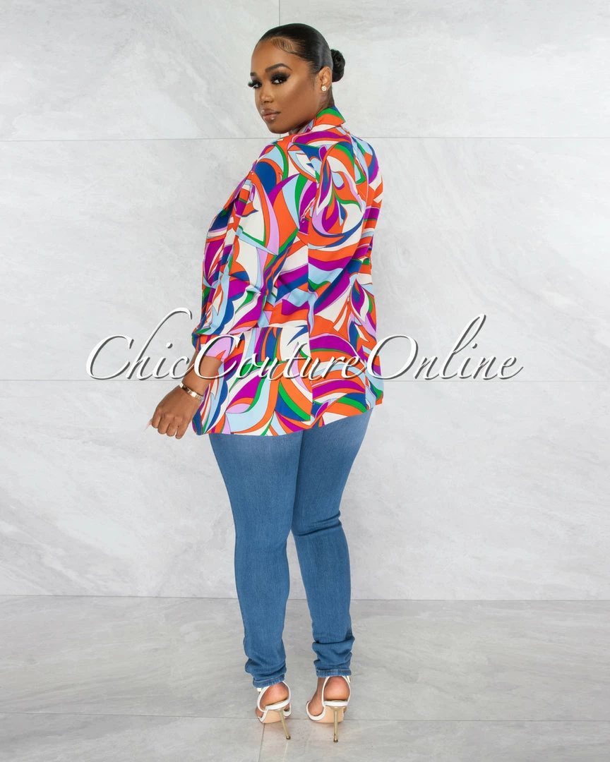 Chic Couture Online Malley Baby Blue Multi-Color Ruched Sleeves Blazer