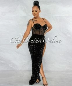 Vendor-unknown JUST IN Melisia Black Mesh Sequins Velvet Maxi Bodysuit DresS