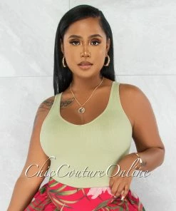 Vendor-unknown Tarina Sage Green V-Neckline Ribbed Top