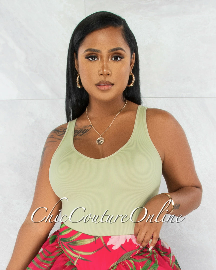 Vendor-unknown Tarina Sage Green V-Neckline Ribbed Top