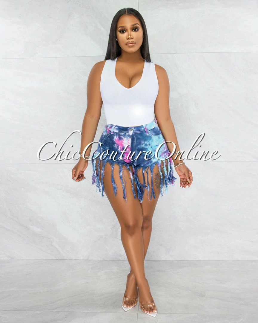 Vendor-unknown Dolly Blue Tie-Dye Distressed Fringe Denim Shorts