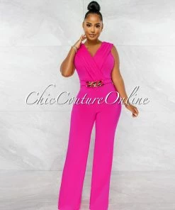 Chic Couture Online Aimee Fuchsia Pleated Bust Gold Link Jumpsuit