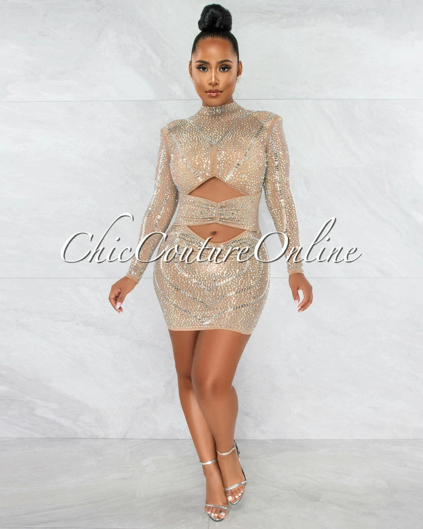 Vendor-unknown JUST IN Lavinia Nude Iridescent Rhinestone Cut Out Dress