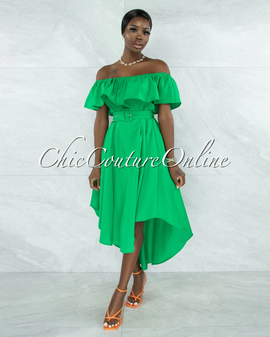 Vendor-unknown JUST IN Bodil Kelly Green Ruffle Neckline Belt Hi-Lo Dress