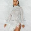 Chic Couture Online Rhesa White Rhinestones Pearls & Feathers Mesh Mini Dress