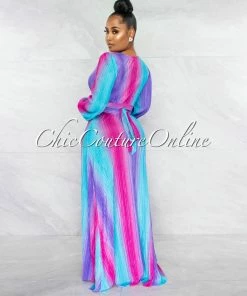 Chic Couture Online Jeneva Purple Turquoise Print Top & Maxi Skirt Ribbed Set
