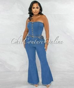 Vendor-unknown Jathan Medium Denim Gold Link Bell Legs Jumpsuit JUST IN
