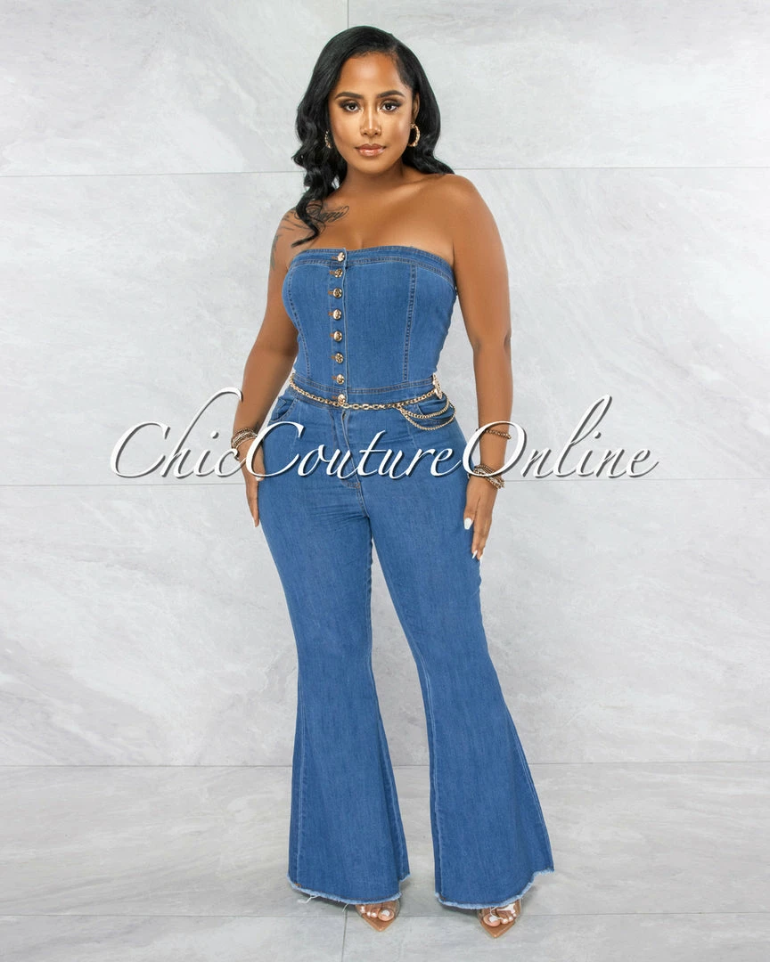 Vendor-unknown Jathan Medium Denim Gold Link Bell Legs Jumpsuit JUST IN