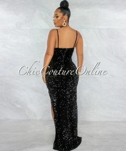 Vendor-unknown JUST IN Melisia Black Mesh Sequins Velvet Maxi Bodysuit DresS