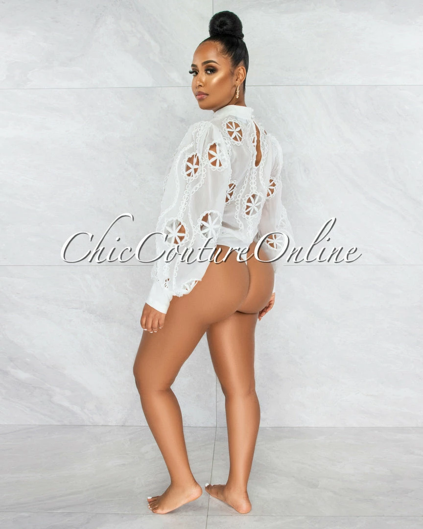 Vendor-unknown Sikina Off-White Sheer Embroidery Bodysuit JUST IN