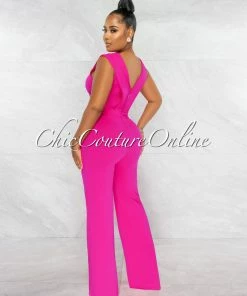 Chic Couture Online Aimee Fuchsia Pleated Bust Gold Link Jumpsuit