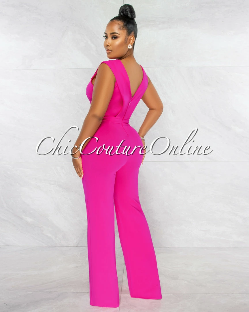 Chic Couture Online Aimee Fuchsia Pleated Bust Gold Link Jumpsuit