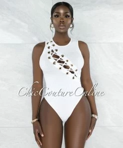 Vendor-unknown JUST IN Fana White Lace-Up Gold Details Ribbed Bodysuit