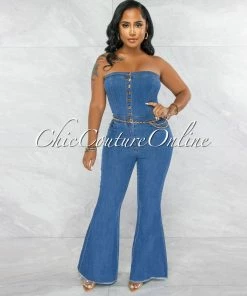 Vendor-unknown Jathan Medium Denim Gold Link Bell Legs Jumpsuit JUST IN