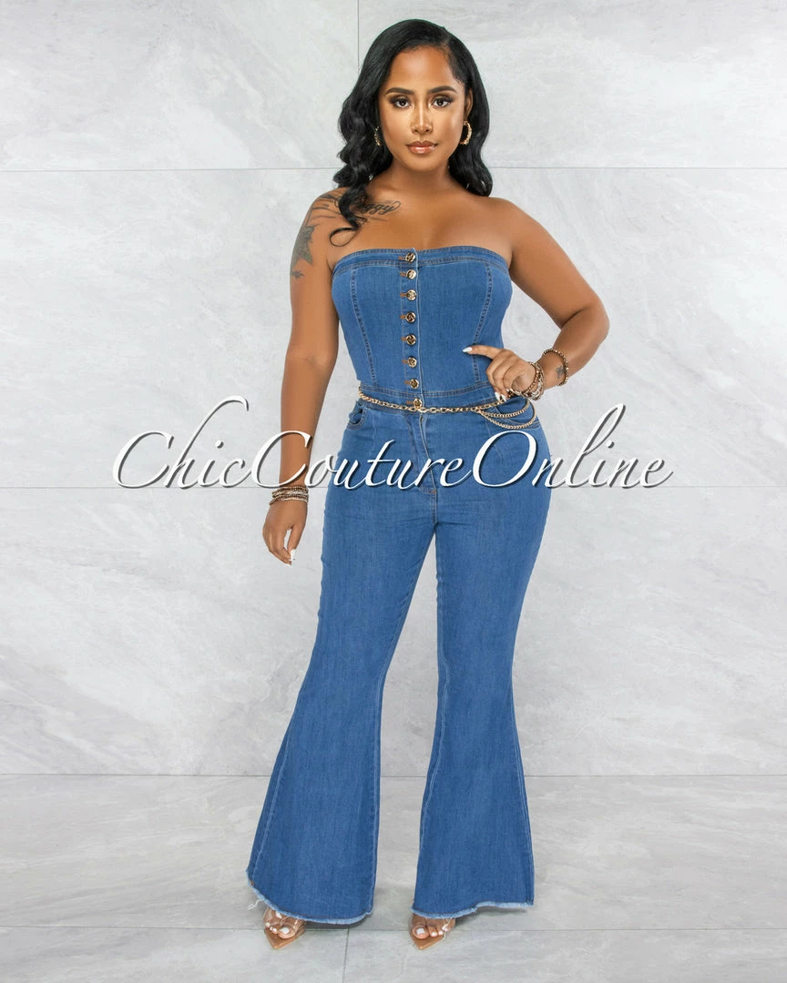 Vendor-unknown Jathan Medium Denim Gold Link Bell Legs Jumpsuit JUST IN