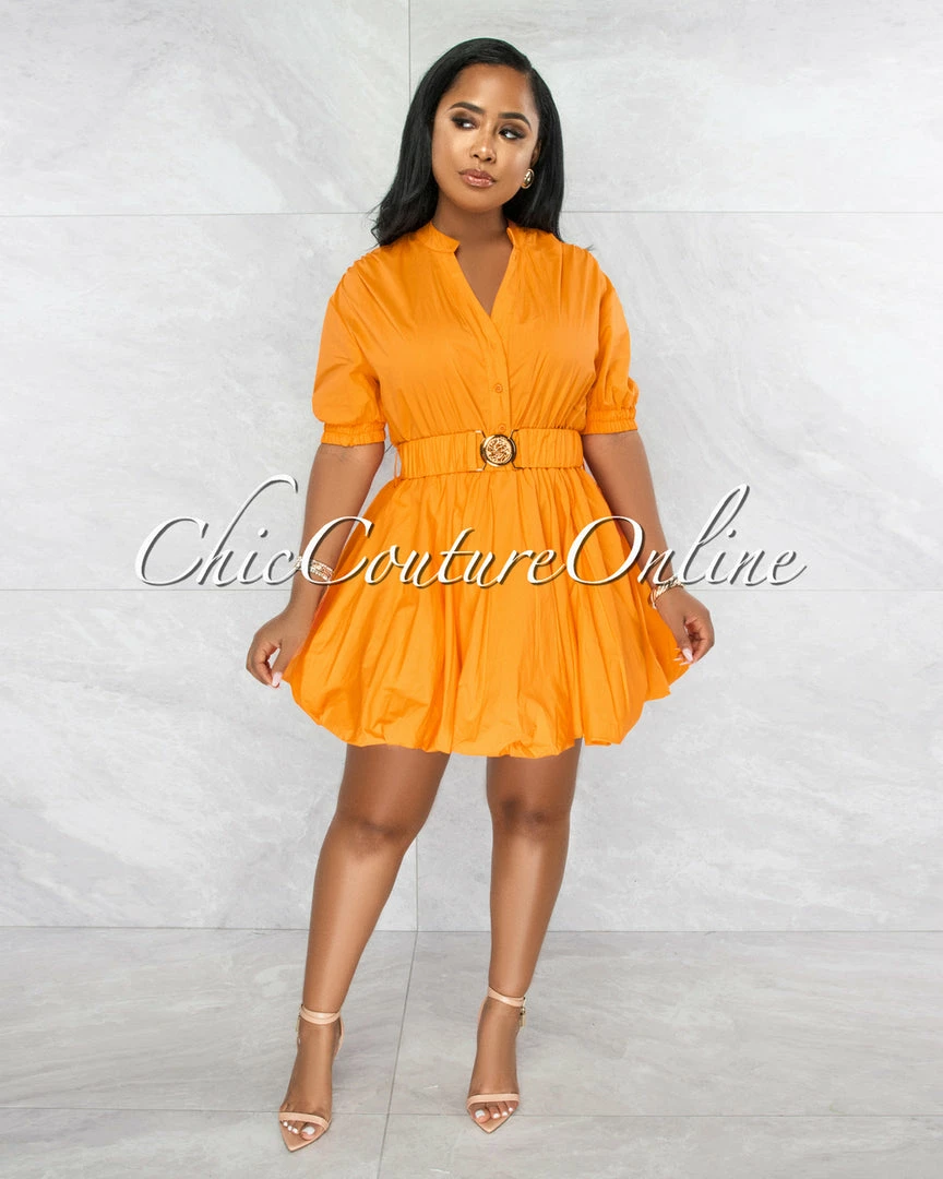 Vendor-unknown Breanna Orange Gold Buckle Bubble Dress JUST IN