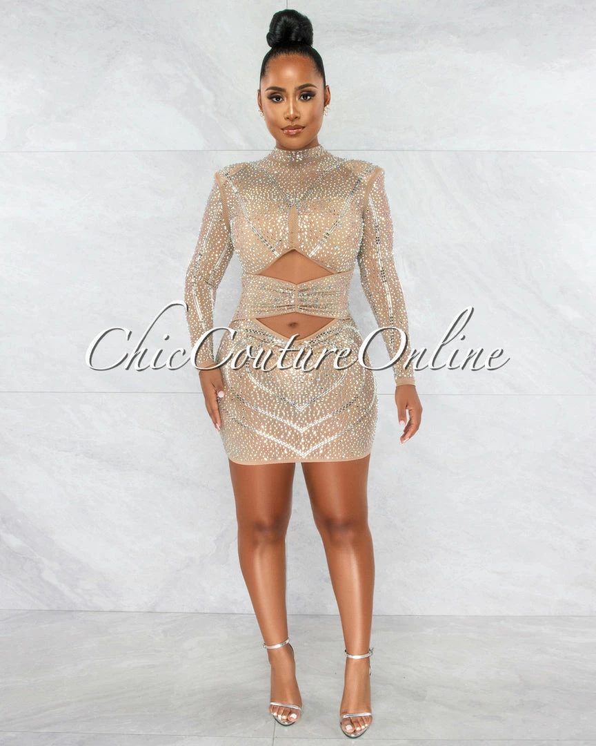 Vendor-unknown JUST IN Lavinia Nude Iridescent Rhinestone Cut Out Dress