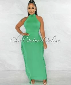 Chic Couture Online Rommey Green Crop Top & Tassels Pencil Maxi Skirt Set