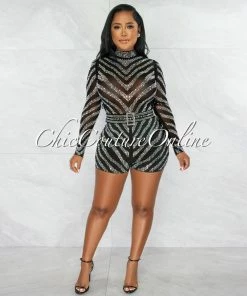 Chic Couture Online JUST IN Megha Black Iridescent Rhinestones Square Buckle Belt Romper