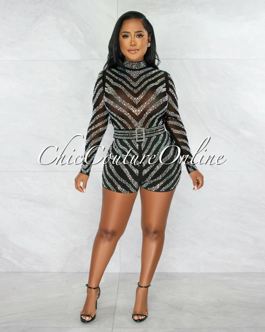 Chic Couture Online JUST IN Megha Black Iridescent Rhinestones Square Buckle Belt Romper