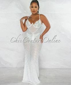 Chic Couture Online Narmada White Mesh Sheer Rhinestones Maxi Dress