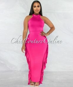 Chic Couture Online Rommey Fuchsia Crop Top & Tassels Pencil Maxi Skirt Set JUST IN