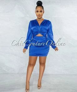 Vendor-unknown Salvadora Royal Blue Satin Cut-Out Ruched Dress
