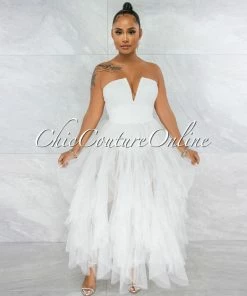 Vendor-unknown Odalys Off-White Strapless Tulle Ruffle Bodysuit Dress JUST IN