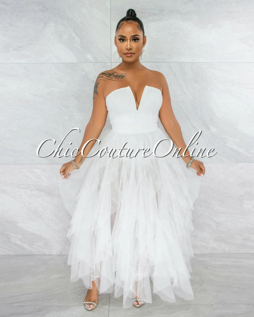 Vendor-unknown Odalys Off-White Strapless Tulle Ruffle Bodysuit Dress JUST IN