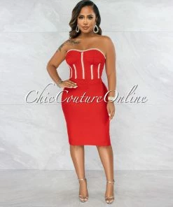 Vendor-unknown Miette Red Rhinestones Rhinestones Bandage Dress